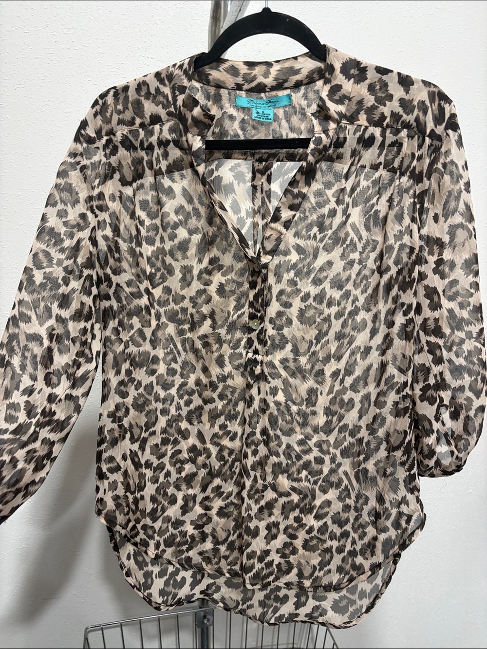 Leopard-Print Sheer V-Neck Blouse in Beige and Brown